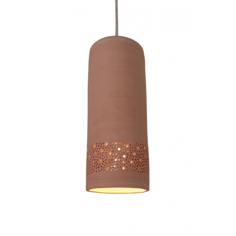 CYLINDRE Suspension en terre cuite motif sara D.12cm - câble textile lin