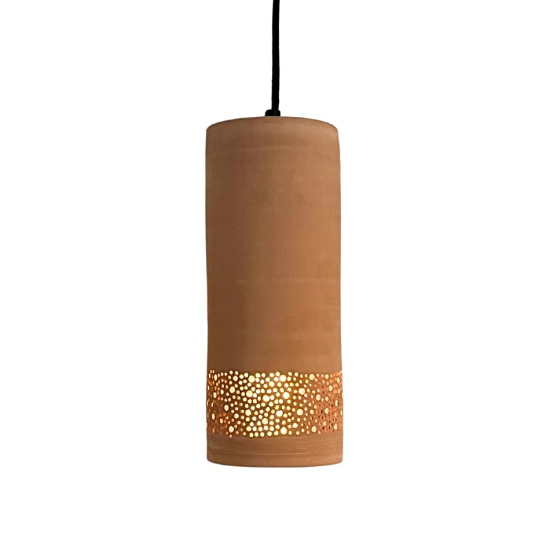 CYLINDRE Suspension en terre cuite motif sara D.12cm - câble textile noir