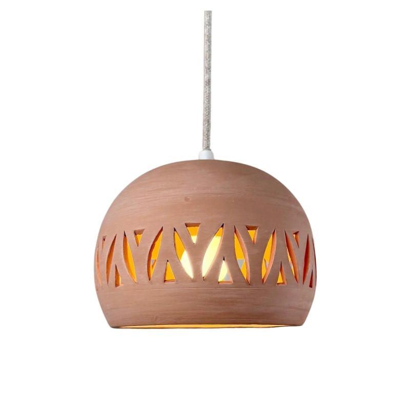 BABEL Suspension Ø21cm en terre cuite motif Feuille - câble textile lin
