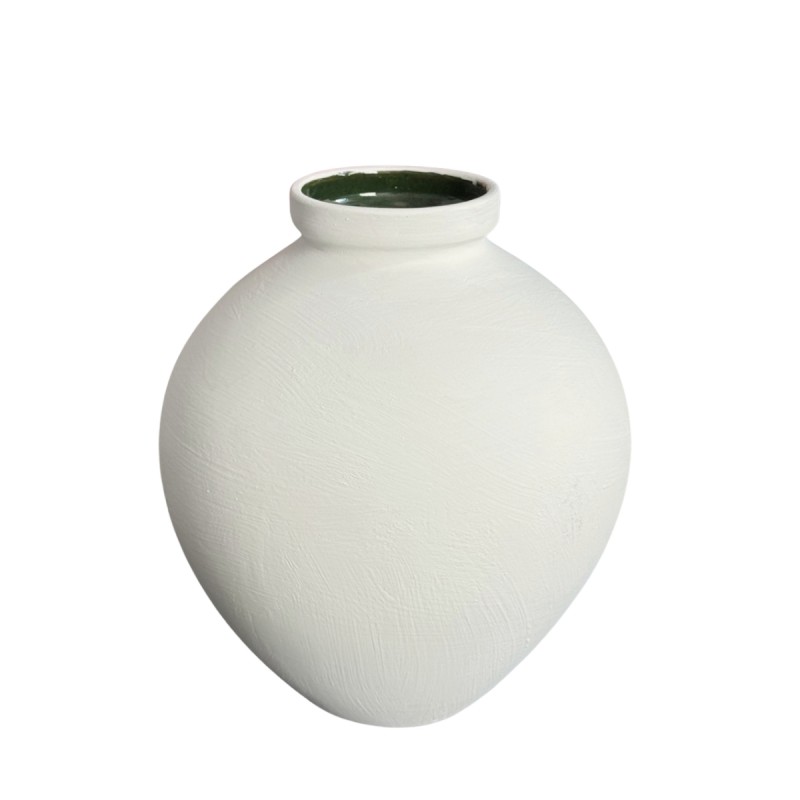 Poterie. Vase H.29cm blanc interieur émaillé vert