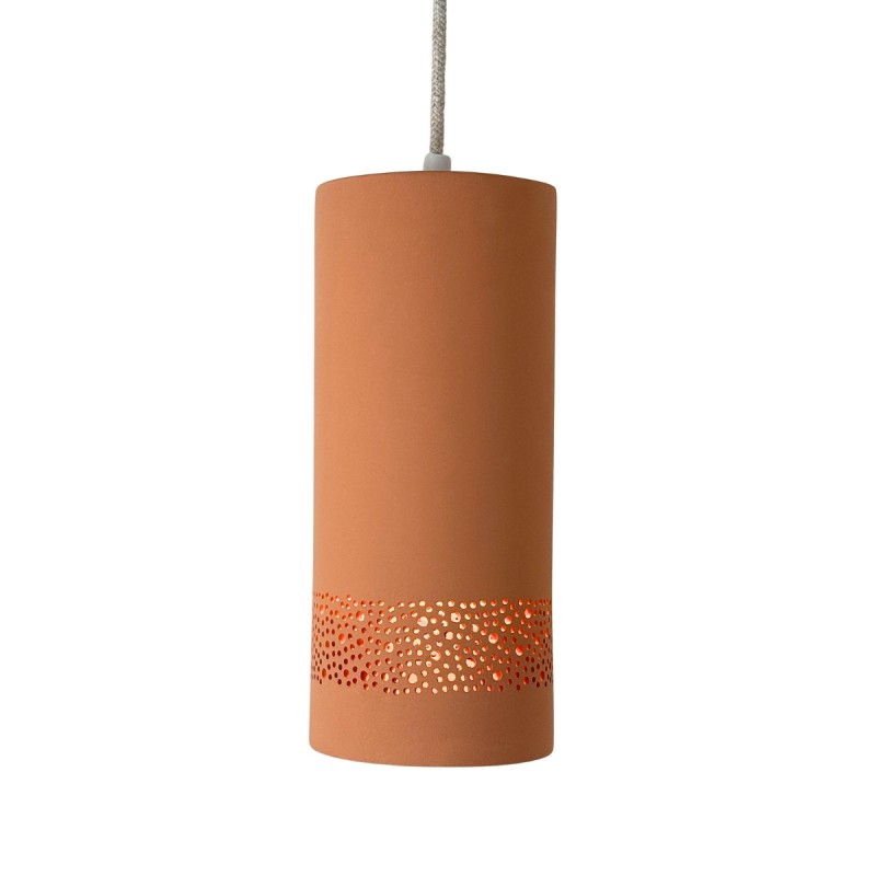 CYLINDRE Suspension en terre cuite motif sara D.12cm - câble textile lin