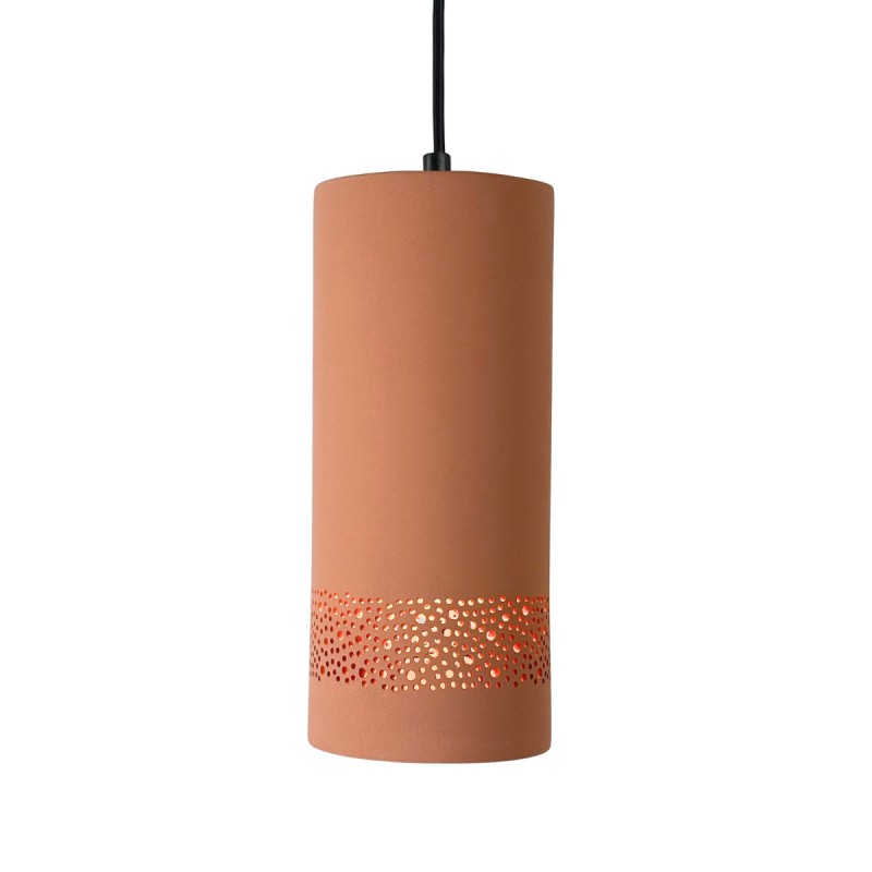 CYLINDRE Suspension en terre cuite motif sara D.12cm - câble textile noir